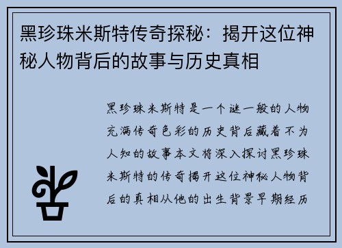 黑珍珠米斯特传奇探秘：揭开这位神秘人物背后的故事与历史真相